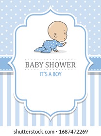 Baby shower card. Crawling boy. Frame with space for text	