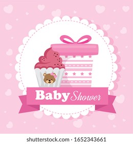baby shower card with cupcake and gift box vector illustration design
