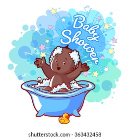 Baby Shower card with cute african american baby boy in bath. Happy toddler splashing water. Vector cartoon greeting card.