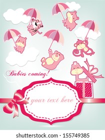 Baby shower card with cute animals with umbrellas