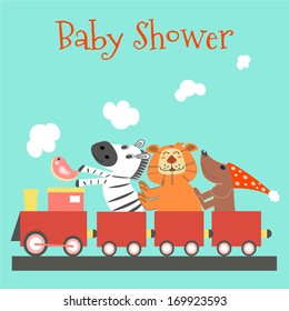 Baby Shower Card with Cute Animals on the Train