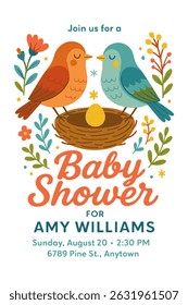 Baby shower card with cute birds, nest, and floral decorations for invitation or announcement design isolated on white background.
