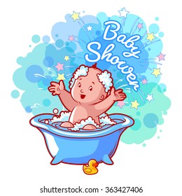 Baby Shower card with cute baby boy in bath. Happy toddler splashing water. Vector cartoon greeting card.