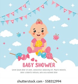 Baby shower card. A cute baby in a cloud. Girl announcement card template. Place for your text.