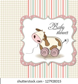 Baby shower card with cute cow toy, vector illustration