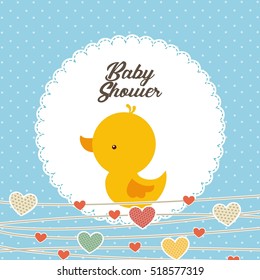 Baby Shower Card With Cute Duck Icon And Decorative Hearts. Colorful Design. Vector Illustration