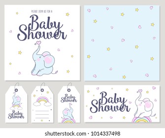 Baby Shower card with cute elephant. Vector illustration