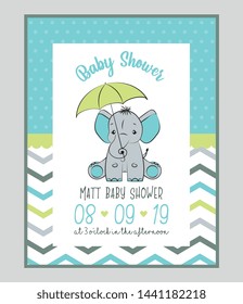 baby shower card with cute baby elephant sitting with green umbrella vector illustration