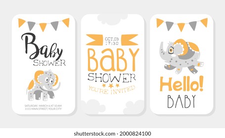 Baby Shower Card with Cute Elephant Character with Trunk and Tusks Vector Template