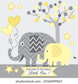 Baby shower card with cute elephant, tree and stars