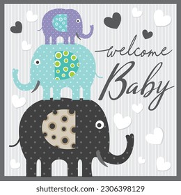 Baby shower card with cute elephants and hearts