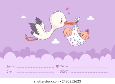 Tarjeta de baby shower. Linda cigüeña voladora y dos bebés gemelos niña y niño. Ilustración vectorial. Postal Horizontal fresca con espacio de copia. Divertido pájaro de dibujos animados kawaii y bebé de llegada. Colección infantil