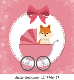 baby shower card with cute fox in cart