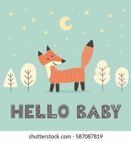 Baby shower card with a cute fox and with text "Hello baby". Vector illustration