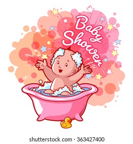 Baby Shower card with cute baby girl in bath. Happy toddler splashing water. Vector cartoon greeting card.
