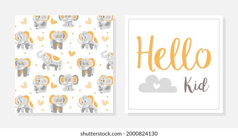 Baby Shower Card with Cute Grey Elephant Character with Trunk and Tusks Vector Template