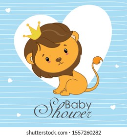 Baby shower card. Cute lion with blue background with hearts