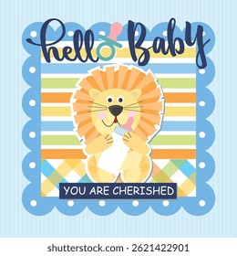 Baby shower card with cute lion and milk bottle