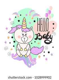 Baby shower card with cute little unicorn and lettering. Hello baby. Celebrating poster.  Vector illustration.