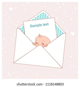 Baby shower card.  Cute little baby boy in envelope. Design template. Vector illustration.