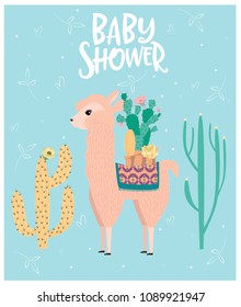 Baby Shower card with cute Llama. Editable vector illustration