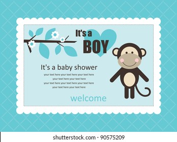 baby shower card with cute monkey. vector illustration