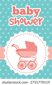 Baby shower card. Cute pattern background with stroller