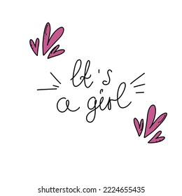 Baby shower card with cute pink hearts and hand lettering. Vector illustration. Baby shower invitation, birth announcement.
