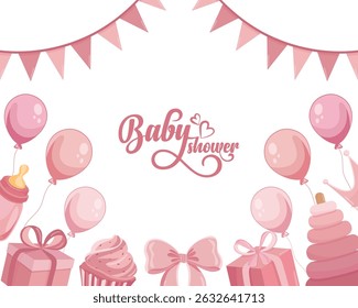 Baby shower card with cute pink background and newborn girl elements including party decorations, perfect for celebration invitations
