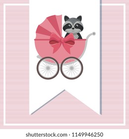 baby shower card with cute raccoon in cart