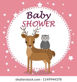 baby shower card with cute reindeer and owl
