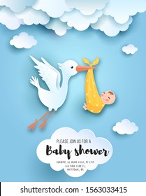 Baby shower card with cute stork in sky with baby, vector paper art.