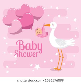 baby shower card with cute stork and decoration vector illustration design