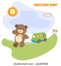 baby shower card with cute teddy bear and bus toy