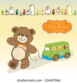 baby shower card with cute teddy bear and bus toy