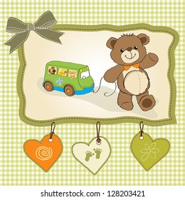 baby shower card with cute teddy bear and bus toy