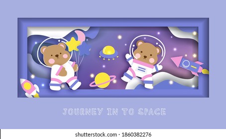 baby shower card with cute teddy bear standing on the moon for birthday card .