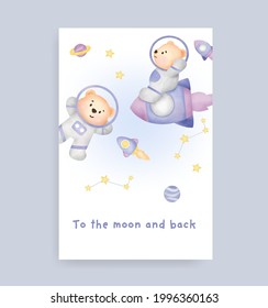 Baby shower card with cute teddy bear on the moon