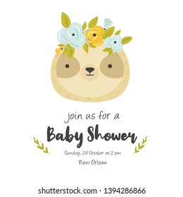 Baby shower card with cute vector sloth with floral wreath and lettering text. Invitation template
