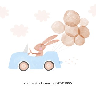 Baby Shower Card. Cute Vector Print with Happy Brown Bunny Driving Blue Car with Air Balloons. Funny Rabbit in Toy Car with Bunch of Balloons. Lovely Hand Drawn Nursery Art. Kids' Room Decoration.RGB.