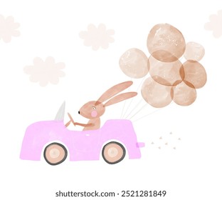 Baby Shower Card. Cute Vector Print with Happy Brown Bunny Driving Pink Car with Air Balloons. Funny Rabbit in Toy Car with Bunch of Balloons. Lovely Hand Drawn Nursery Art. Kids' Room Decoration.RGB.