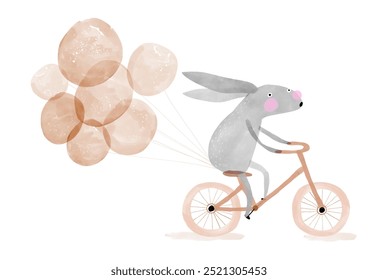 Baby Shower Card. Cute Vector Print with Happy Brown Bunny Riding Bicycle with Air Balloons. Funny Rabbit on a Bike with Bunch of Balloons. Lovely Hand Drawn Nursery Art. Kids' Room Decoration. RGB.