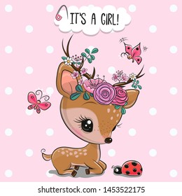 Baby shower card Cute Woodland Deer with flowers and butterflies on a pink background