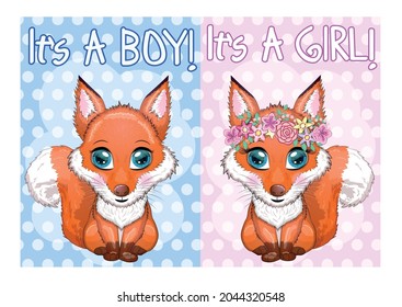 Baby shower card Cute Woodland Fox with flowers and butterflies on a pink and blue background