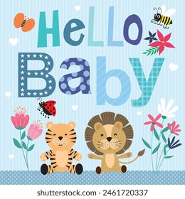 Baby shower card design with animals and flowers