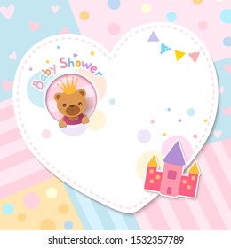 Baby shower card design with bear and castle toy on heart frame and pastel background.