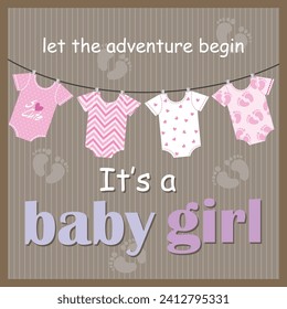 Baby shower card design with baby clothes and text