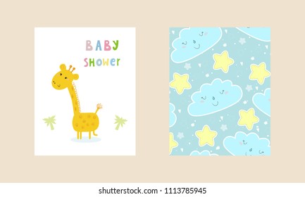 Baby Shower card design. Cute hand drawn card with giraffe. Printable template.