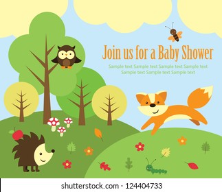 Baby Shower Card Design. Forest Friends. Vector Illustration
