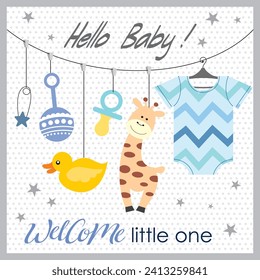 Baby shower card design with hanging clothe, giraffe, duck and decorations